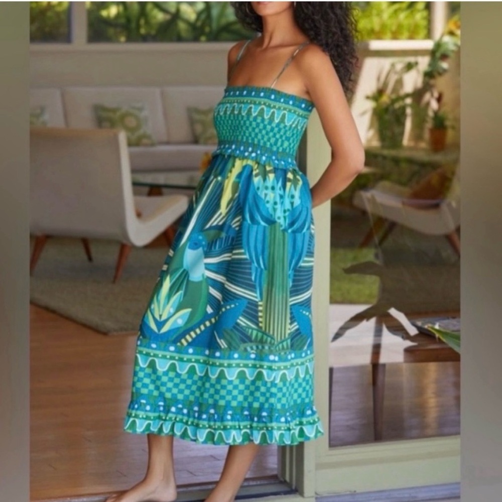 Farm Rio Smocked Top Cover Up MiniDress in Teal/Green Color Print. Large